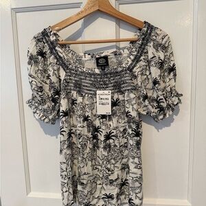 Bobeau Print Peasant Top Grey/ Black Amalfi NWT Extra Small XS